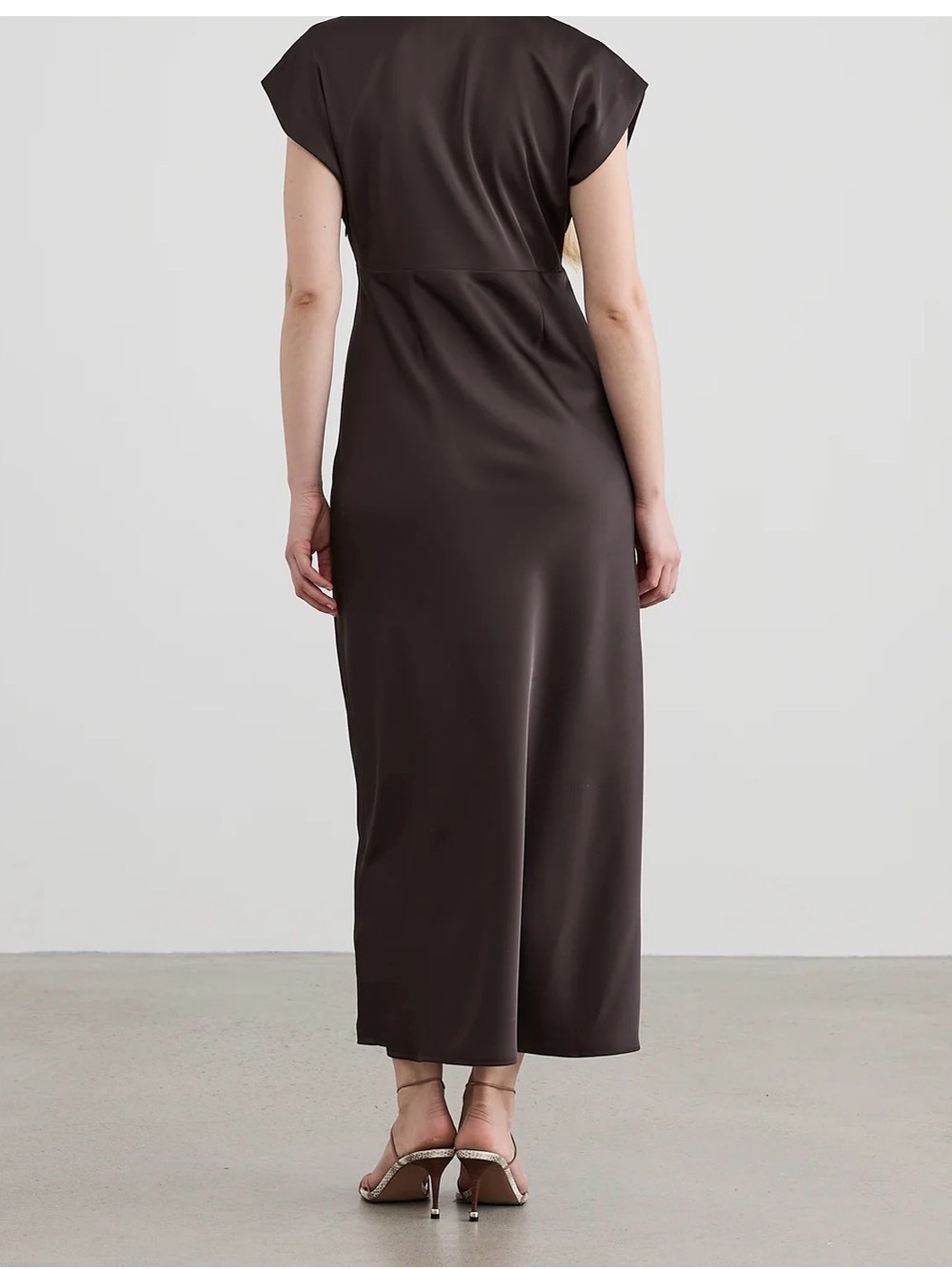 Elegant Chocolate Brown Satin V-Neck Maxi Dress - Picture 2 of 5